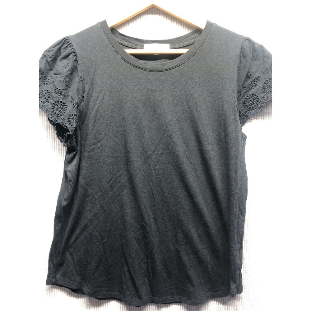 C&C California Tee Shirt Size Large Black Eyelet Cap Sleeves
